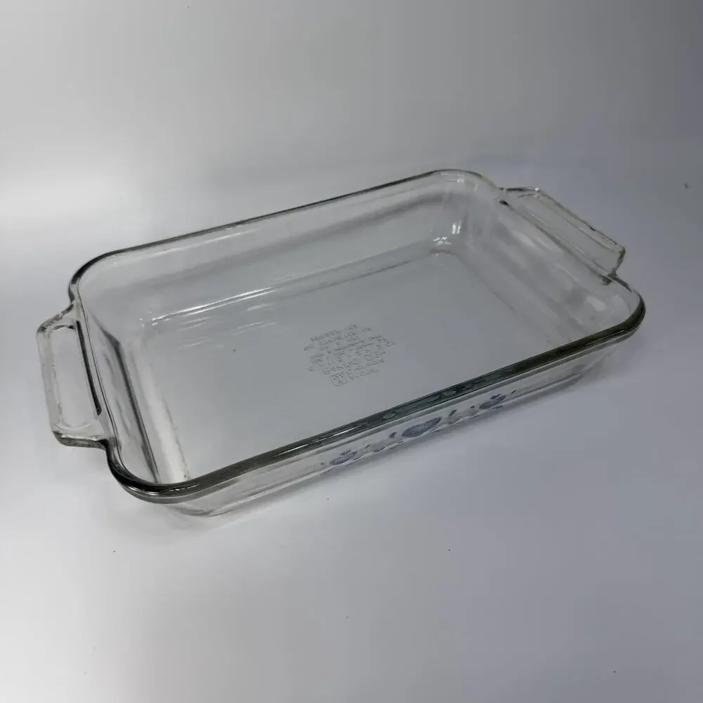 Vtg 90s RARE Blue Hearts 8x11 Glass Baking Dish Cake Pan Anchor Hocking Cottage